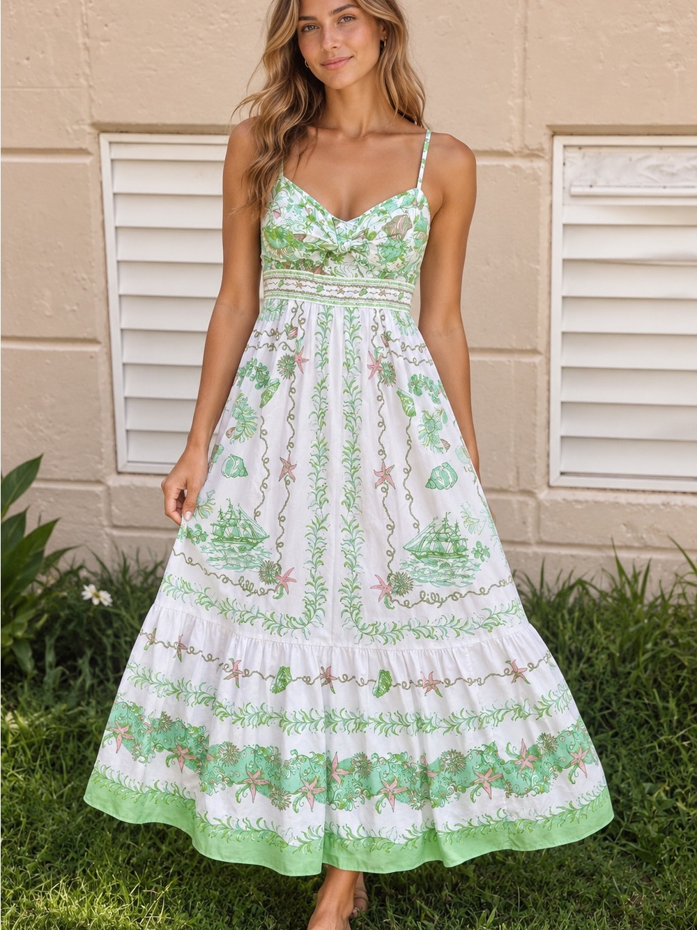 Lilly Pulitzer White Maxi Dress with Green Floral & Nautical Print